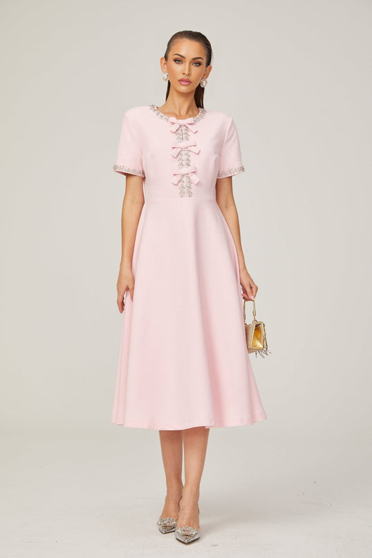 Tiffany Pink Crystal Bow Midi Dress Elegant Luxury Terylene Fiber