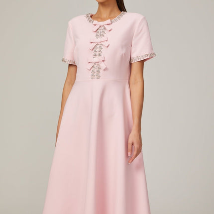 Tiffany Pink Crystal Bow Midi Dress in Terylene Fiber