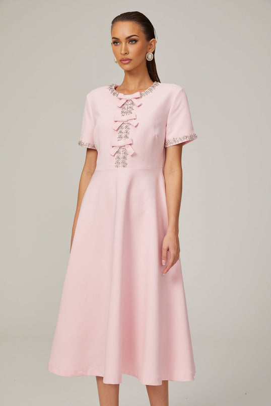 Tiffany Pink Crystal Bow Midi Dress in Terylene Fiber
