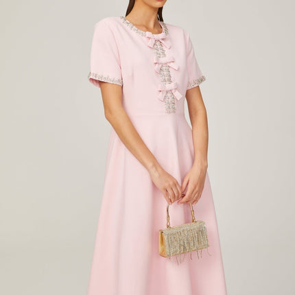 Tiffany Pink Crystal Bow Midi Dress 100% Terylene Fiber Elegant Flared Skirt Chic Crew Neck Split Neck Short Sleeves Rear Zip Fastening Calf-Length Silhouette