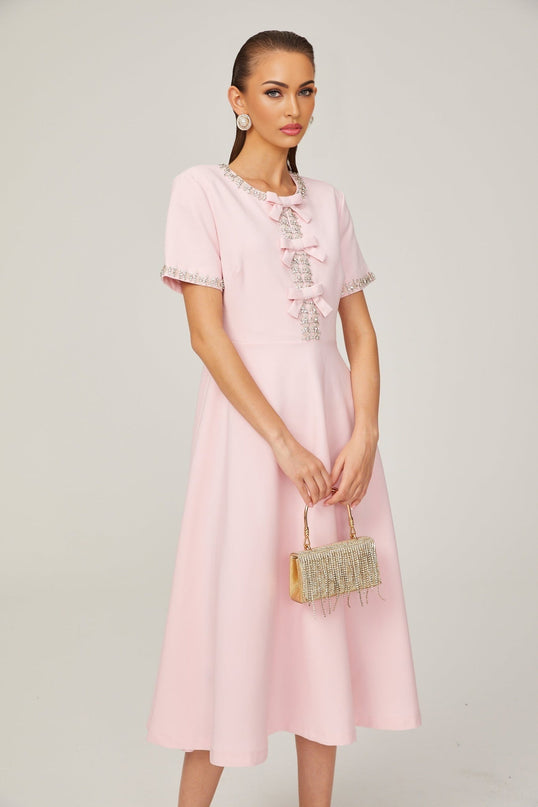 Tiffany Pink Crystal Bow Midi Dress 100% Terylene Fiber Elegant Flared Skirt Chic Crew Neck Split Neck Short Sleeves Rear Zip Fastening Calf-Length Silhouette