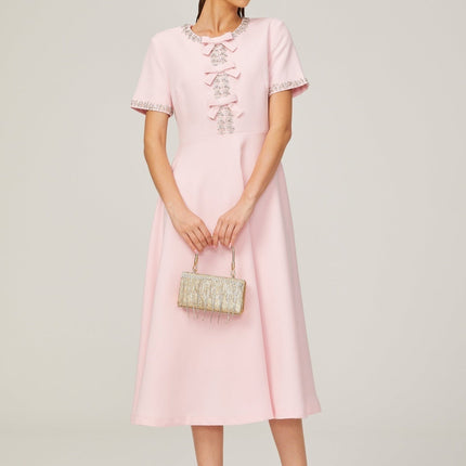 Tiffany Pink Crystal Bow Midi Dress in Terylene Fiber