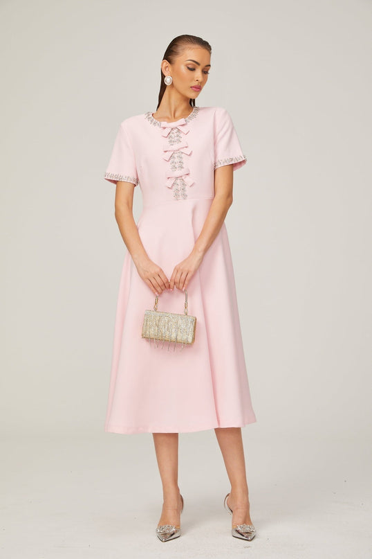 Tiffany Pink Crystal Bow Midi Dress in Terylene Fiber