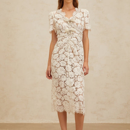 Tiffany White Lace Midi Dress with Glitter Bow and Bead Embellishments