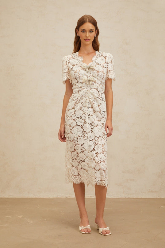 Tiffany White Lace Midi Dress with Glitter Bow and Bead Embellishments