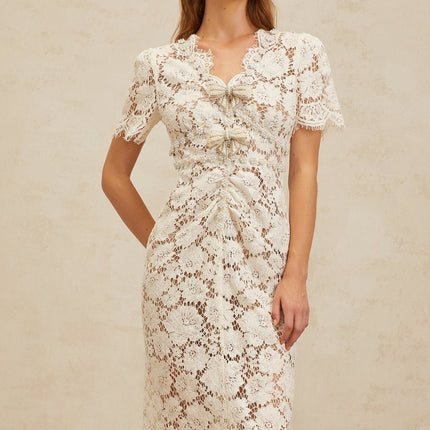 Tiffany White Lace Midi Dress with Glitter Bow and Bead Embellishments