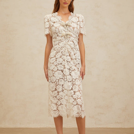 Tiffany White Lace Midi Dress with Glitter Bow and Bead Embellishments