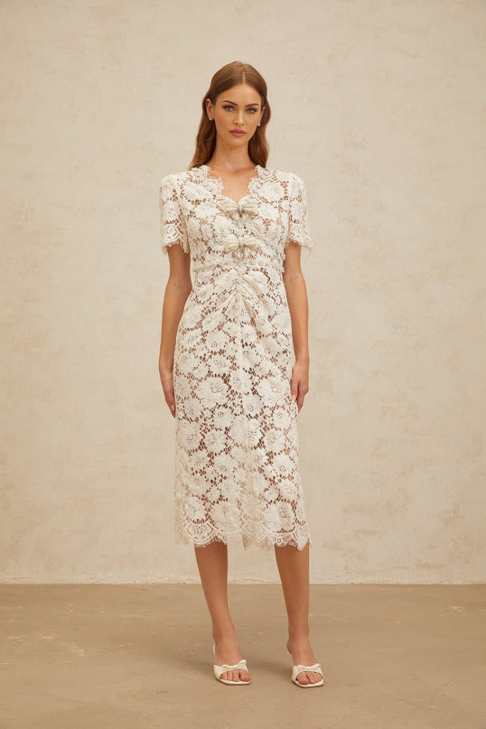 Tiffany White Lace Midi Dress with Glitter Bow and Bead Embellishments