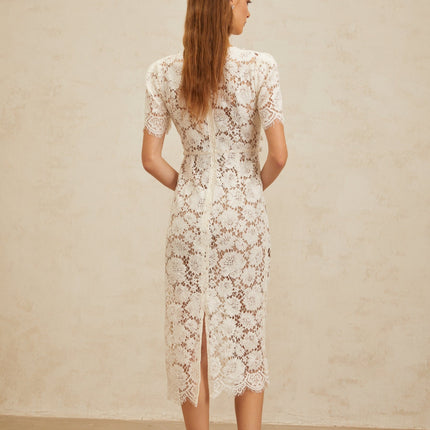 Tiffany White Lace Midi Dress with Glitter Bow and Bead Embellishments