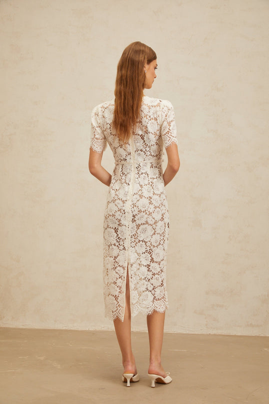 Tiffany White Lace Midi Dress with Glitter Bow and Bead Embellishments