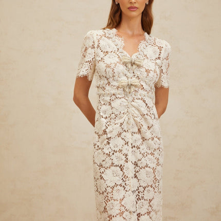Tiffany White Lace Midi Dress with Glitter Bow and Bead Embellishments