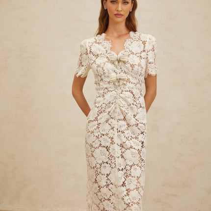 Tiffany White Lace Midi Dress with Glitter Bow and Bead Embellishments