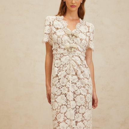 Tiffany White Lace Midi Dress with Glitter Bow and Bead Embellishments