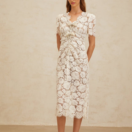 Tiffany White Lace Midi Dress with Glitter Bow and Bead Embellishments