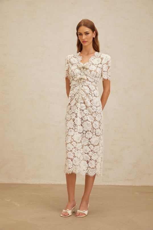 Tiffany White Lace Midi Dress with Glitter Bow and Bead Embellishments