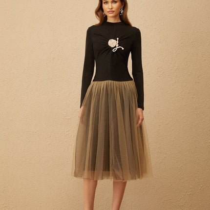 Tinsley Black Brown Crochet Ruched Midi Dress with Tulle Panelling