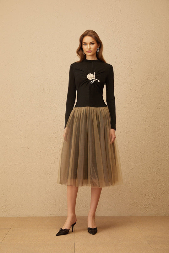 Tinsley Black Brown Crochet Ruched Midi Dress with Tulle Panelling