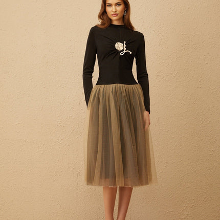 Tinsley Black Brown Crochet Ruched Midi Dress with Tulle Paneling
