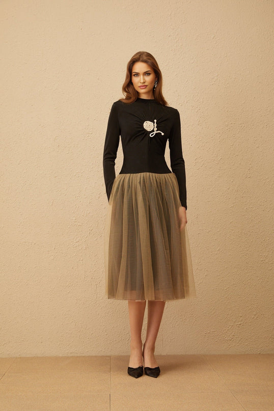 Tinsley Black Brown Crochet Ruched Midi Dress with Tulle Paneling