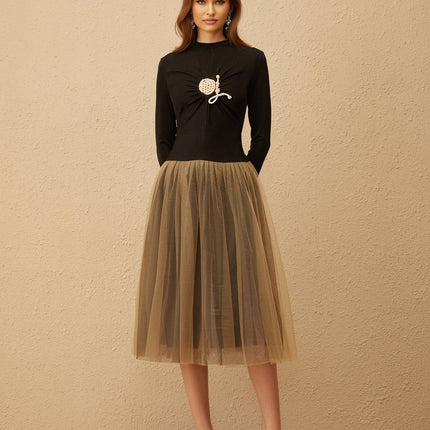 Tinsley Black Brown Crochet Ruched Midi Dress with Tulle Panelling