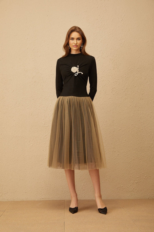 Tinsley Black Brown Crochet Ruched Midi Dress with Tulle Panelling