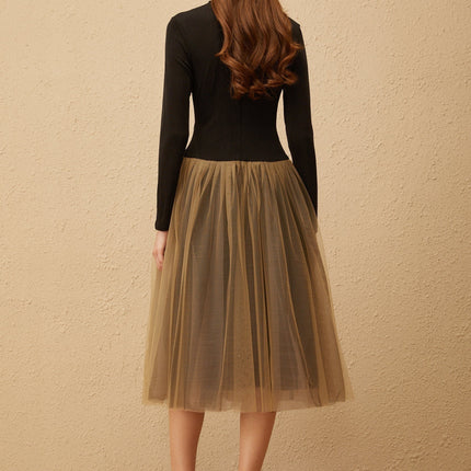 Tinsley Black Brown Crochet Ruched Midi Dress with Tulle Paneling