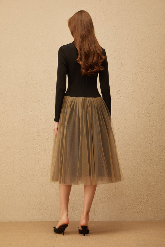 Tinsley Black Brown Crochet Ruched Midi Dress with Tulle Paneling