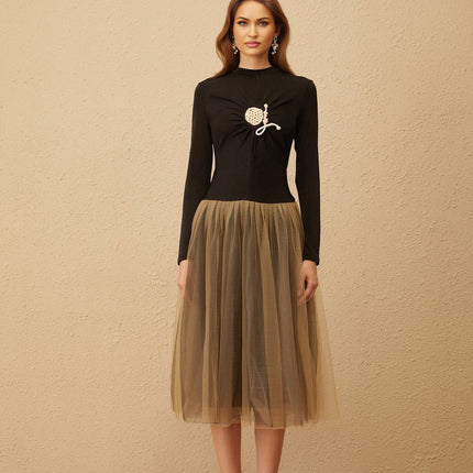 Tinsley Black Brown Crochet Ruched Midi Dress with Tulle Paneling