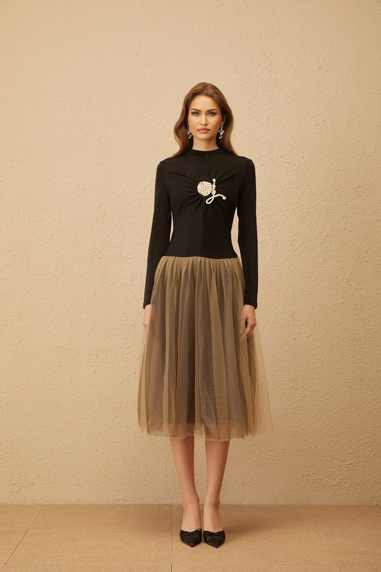Tinsley Black Brown Crochet Ruched Midi Dress with Tulle Paneling