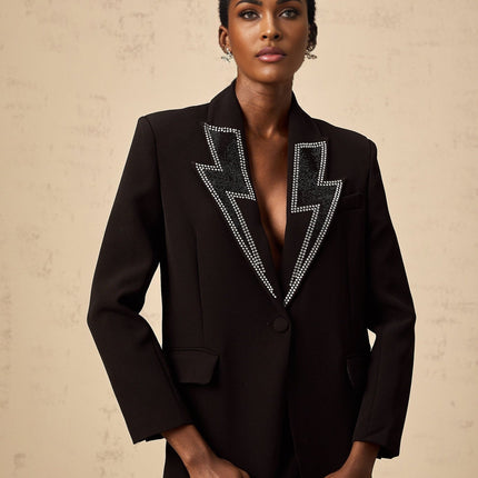 Tinsley Black Crystal Blazer Lightning Pattern Polyester Acrylic Spandex Flap Pockets Button Fastening