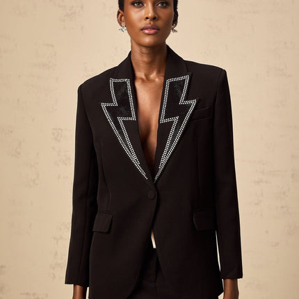 Tinsley Black Crystal Blazer Polyester Acrylic Spandex Lightning Pattern Flap Pockets Front Button Fastening