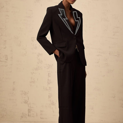 Tinsley Black Crystal Embellished Lightning Pattern Blazer