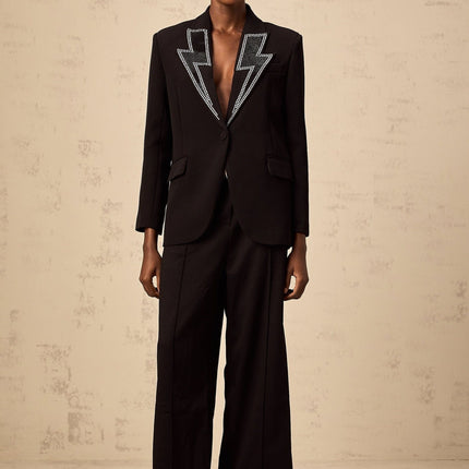 Tinsley Black Crystal Embellished Lightning Pattern Blazer