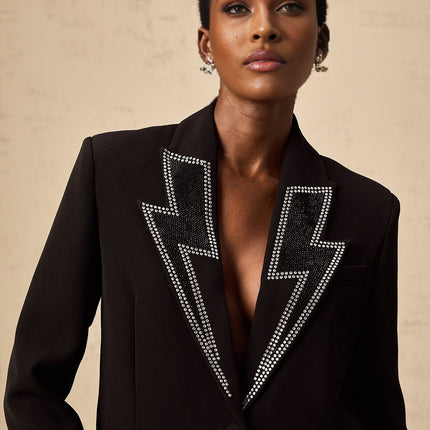 Tinsley Black Crystal Embellished Lightning Pattern Blazer