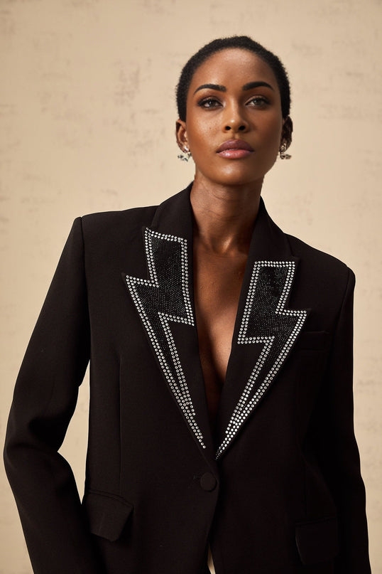 Tinsley Black Crystal Embellished Lightning Pattern Blazer