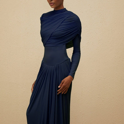 Tinsley Blue Maxi Dress crew neck long sleeves mesh shawl pleated asymmetrical design floor length Polyamide Elastane luxury style