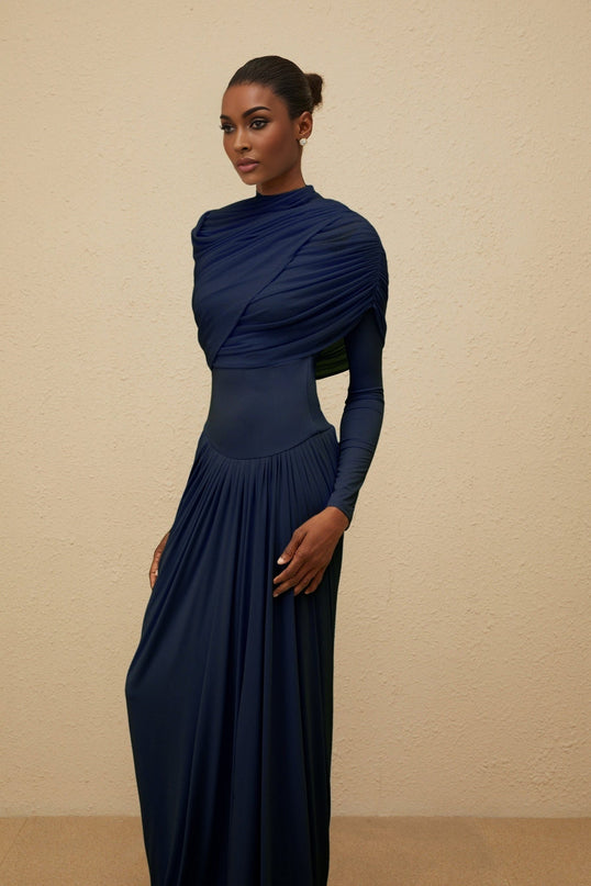 Tinsley Blue Maxi Dress crew neck long sleeves mesh shawl pleated asymmetrical design floor length Polyamide Elastane luxury style