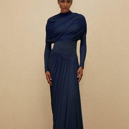 Tinsley Maxi Dress in Blue Navy Crew Neck Long Sleeve Mesh Shawl Pleated Asymmetrical Design Floor Length Luxury Style