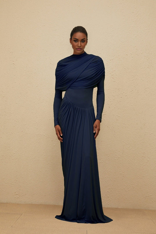 Tinsley Maxi Dress in Blue Navy Crew Neck Long Sleeve Mesh Shawl Pleated Asymmetrical Design Floor Length Luxury Style