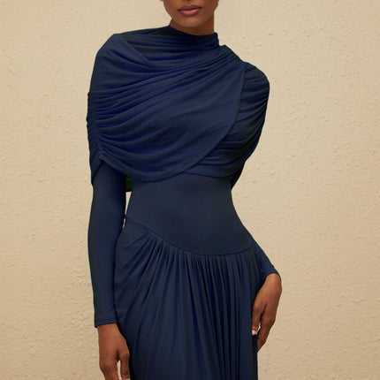 Tinsley Maxi Dress in Navy Blue crew neck long sleeves mesh shawl pleated detailing asymmetrical design floor length luxurious blend of 84% Polyamide and 16% Elastane