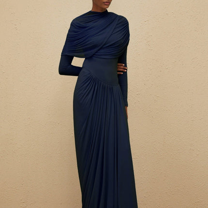 Tinsley Maxi Dress in Deep Navy Blue with Crew Neck and Long Sleeves