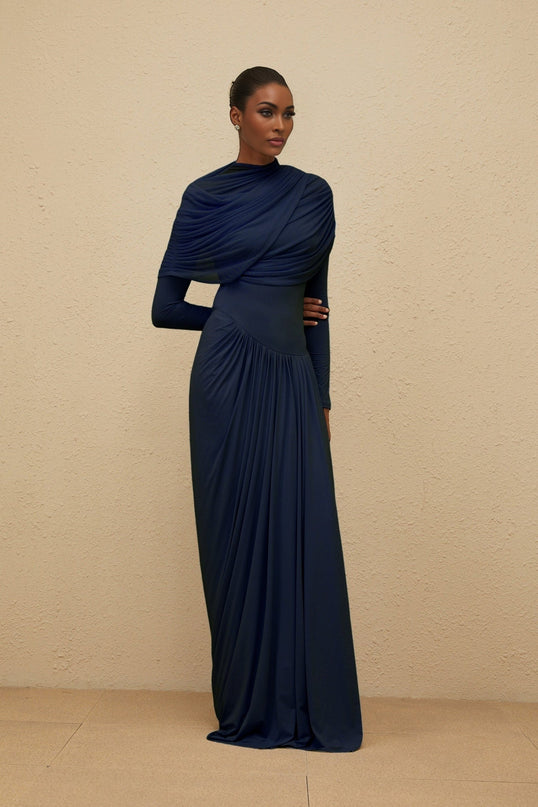 Tinsley Maxi Dress in Deep Navy Blue with Crew Neck and Long Sleeves