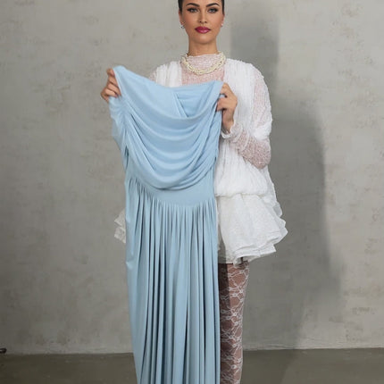 Tinsley Maxi Dress in Navy Blue with Mesh Shawl and Pleated Detailing