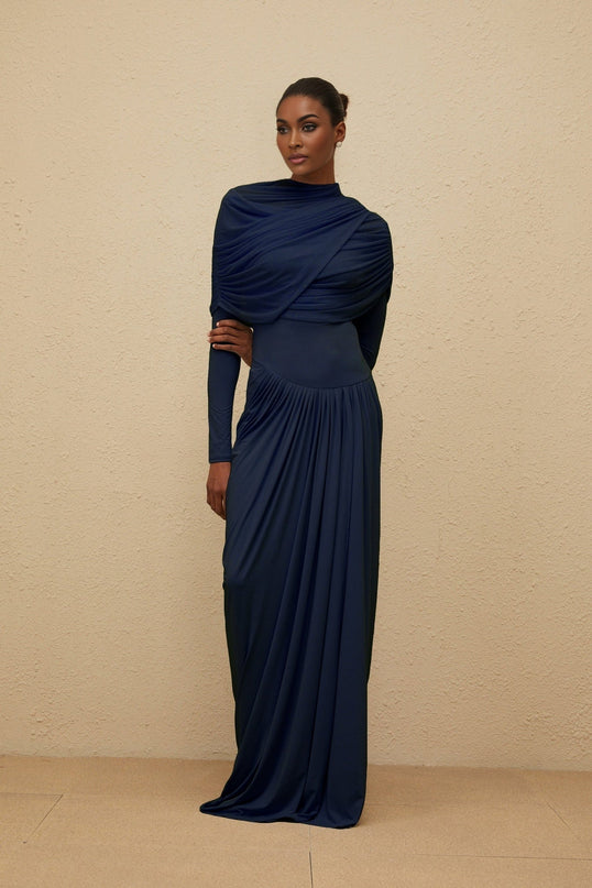 Tinsley Maxi Dress in Navy Blue with Crew Neck and Mesh Shawl