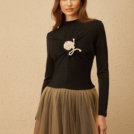 Tinsley Midi Dress in sophisticated Black Brown with crochet and ruched detailing