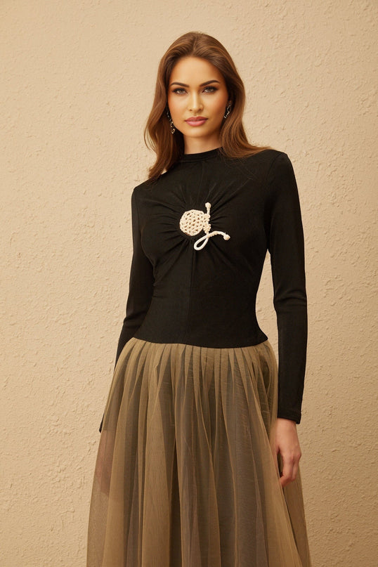 Tinsley Midi Dress in sophisticated Black Brown with crochet and ruched detailing