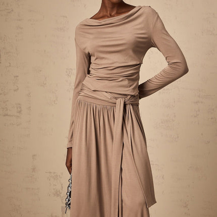 Tinsley Oatmeal Drape Detail Pleated Skirt Top Set