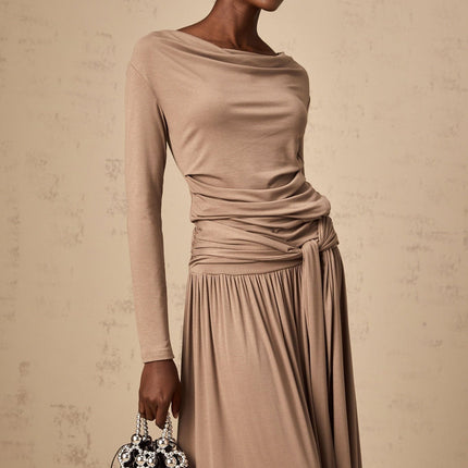 Tinsley Oatmeal Drape Detail Pleated Skirt Top Set