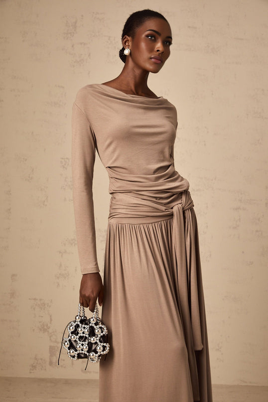 Tinsley Oatmeal Drape Detail Pleated Skirt Top Set