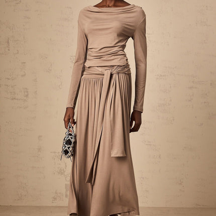 Tinsley Oatmeal Pleated Skirt and Top Set
